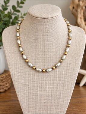 925 STERLING SILVER & 14K YELLOW GOLD RICE BEAD NECKLACE 20” Fine Jewelry Gift